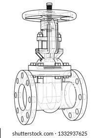 Industrial valve outline. Vector rendering of 3d. Wire-frame style. The layers of visible and invisible lines are separated