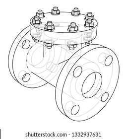 Industrial valve outline. Vector rendering of 3d. Wire-frame style. The layers of visible and invisible lines are separated