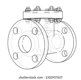 Industrial valve outline. Vector rendering of 3d. Wire-frame style. The layers of visible and invisible lines are separated