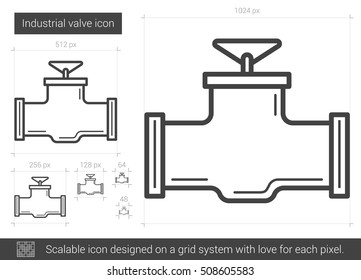 Industrielles Ventil, Vektorsymbol einzeln auf weißem Hintergrund. Industrielles Ventilsteuerzeichen für Infografik, Website oder App. Skalierbares Symbol, das auf einem Gittersystem entworfen wurde.
