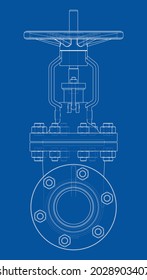 Válvula industrial. Representación vectorial de 3d. Estilo de marco de cables. Las capas de líneas visibles e invisibles están separadas. Ortografía