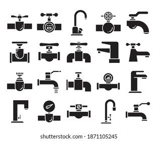 industrial valve, water tap and faucet icons glyph design
