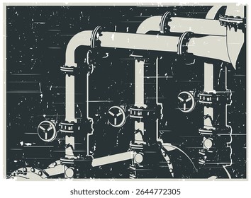 Industrial valves and pipes close up retro poster stylized vector illustration