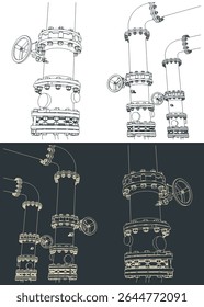 Industrial valves and pipes close up stylized vector illustrations