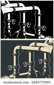 Industrial valves and pipes close up stylized vector illustrations