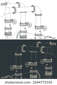 Industrial valves and pipes isometric blueprints close up stylized vector illustrations