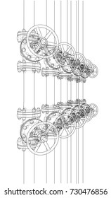 Industrial valves sketch. Vector rendering of 3d. Wire-frame style