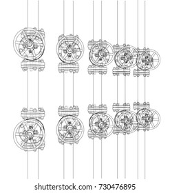 Industrial valves sketch. Vector rendering of 3d. Wire-frame style