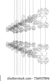 Industrial valves sketch. Vector rendering of 3d. Wire-frame style