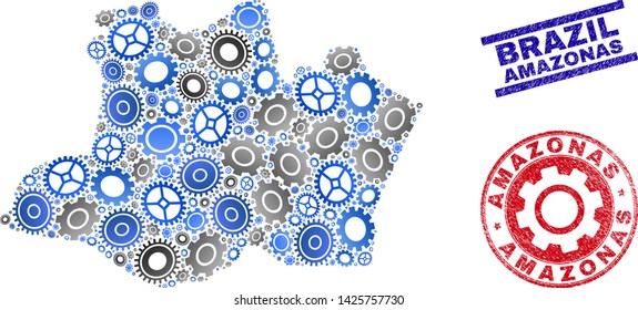 Industrial vector Amazonas State map collage and seals. Abstract Amazonas State map is constructed with gradiented randomized gear wheels. Engineering geographic scheme in gray and blue colors,