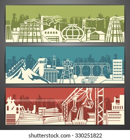 Industrial vector banner design with iron extraction,production,smelting with slagheaps,plants,factory smoking pipes,buildings.Brochure,flyer,booklet,postcard template for promotion and advertising