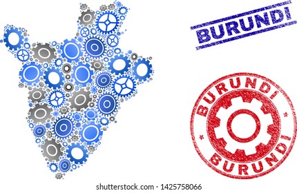 Industrial vector Burundi map mosaic and seals. Abstract Burundi map is formed with gradient random gearwheels. Engineering territorial scheme in gray and blue colors,
