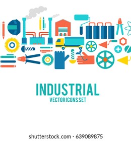 Industrial vector colored decorative icons set concept with motortruck, smokestacks, boot, pump and others working implements vector illustration