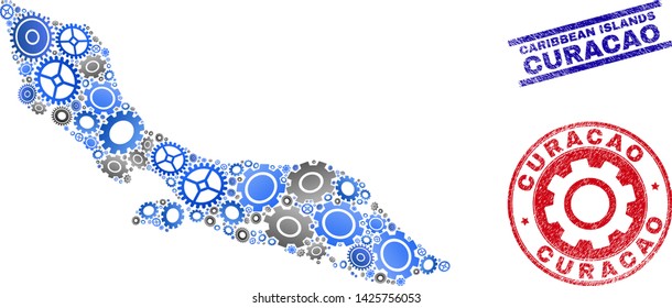 Industrial vector Curacao Island map composition and seals. Abstract Curacao Island map is constructed with gradiented randomized gearwheels. Engineering territory plan in gray and blue colors,
