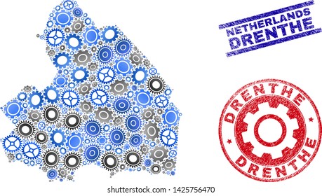 Industrial vector Drenthe Province map composition and seals. Abstract Drenthe Province map is constructed of gradiented random cogs. Engineering territory plan in gray and blue colors,