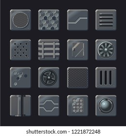 Industrial vector element set. Metal panel collection. Futuristic background elements for game concept design.