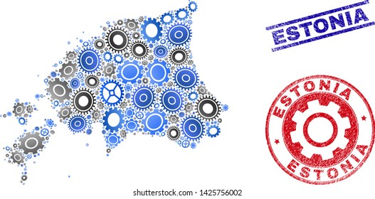 Industrial vector Estonia map mosaic and seals. Abstract Estonia map is done of gradient randomized gear wheels. Engineering territory plan in gray and blue colors,
