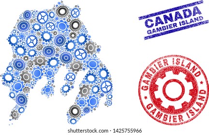 Industrial vector Gambier Island map mosaic and stamps. Abstract Gambier Island map is created with gradiented randomized gear wheels. Engineering territory plan in gray and blue colors,