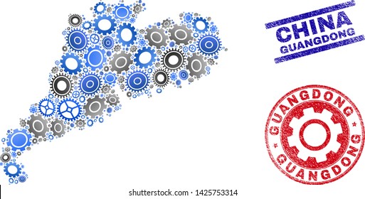 Industrial vector Guangdong Province map mosaic and stamps. Abstract Guangdong Province map is organized from gradient randomized gears. Engineering territory scheme in gray and blue colors,