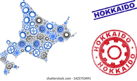 Industrial vector Hokkaido map collage and seals. Abstract Hokkaido map is organized of gradient randomized gear wheels. Engineering geographic scheme in gray and blue colors,