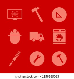industrial vector icons set. with hammer, wrench, atom monitor and ruler in set