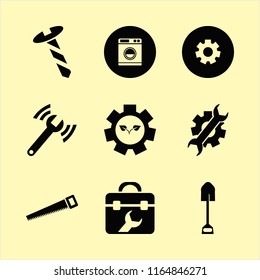 industrial vector icons set. with washer, toolbox, saw and shovel in set