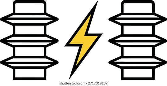 Industrial vector illustration featuring two electrical insulators and a yellow lightning bolt. Ideal for energy industry graphics, utility branding, and power safety.
