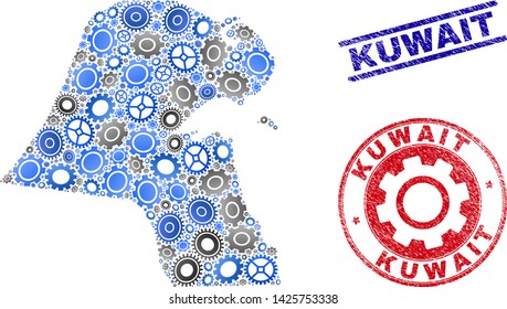 Industrial vector Kuwait map collage and seals. Abstract Kuwait map is organized from gradient scattered gears. Engineering territorial plan in gray and blue colors,