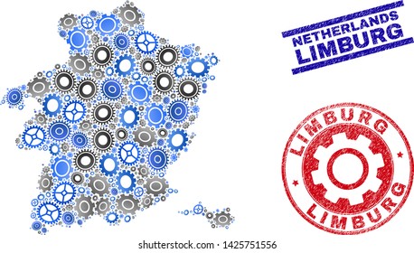 Industrial vector Limburg Province map mosaic and seals. Abstract Limburg Province map is composed of gradiented randomized gearwheels. Engineering territory scheme in gray and blue colors,