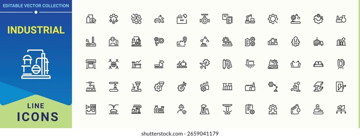 Symbolsatz für industrielle Vektorlinien. Minimalistische lineare Symbole. Vektorgrafik. Icon-Paket für die Branche. Enthalten lineare Zeichen Industrie, Bau, Industrie, Ingenieur, Fertigung, Herstellung und mehr.