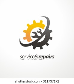 Industrial vector logo design concept. Gear shape with wrench symbol. Unique logotype for repair or service and maintenance business. Corporate icon template with tools silhouette.
