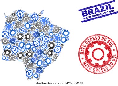 Industrial vector Mato Grosso do Sul State map mosaic and seals. Abstract Mato Grosso do Sul State map is organized from gradient random cogwheels.