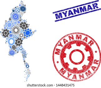 Industrial vector Myanmar map mosaic and stamps. Abstract Myanmar map is organized from gradient randomized cogs. Engineering territory scheme in gray and blue colors,