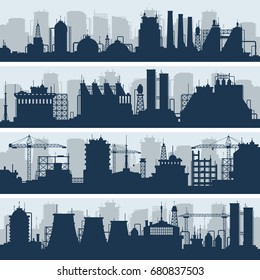 Industrial vector skylines. Modern factory and works building silhouettes. Urban industry factory and plant structure illustration