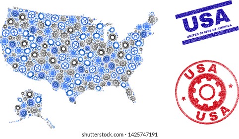 Industrial vector USA with Alaska map composition and stamps. Abstract USA with Alaska map is created from gradient randomized gear wheels. Engineering territorial scheme in gray and blue colors,