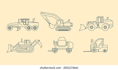 Industrial Vehicles elements collection. Bulldozer, excavator,  truck, tractor isolated set. Different factory machines in trendy outline design.