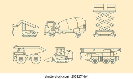 Industrial Vehicles elements collection. Bulldozer, excavator,  truck, tractor isolated set. Different factory machines in trendy outline design.