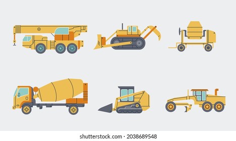 Industrial Vehicles elements collection. Bulldozer, excavator, truck, tractor isolated set. Different factory machines in trendy flat design.