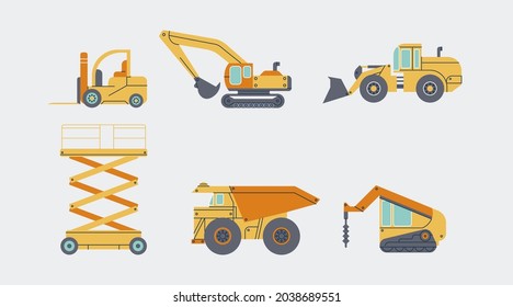 Colección de elementos de vehículos industriales. Bulldozer, excavadora, camión, tractor aislado. Diferentes fábricas de diseño plano y moderno.