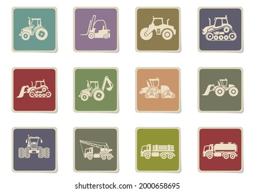 Industrial vehicles icons set with tractor loader paver excavator bulldozer truck isolated vector illustration