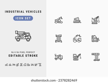 Industrial Vehicles Includes Tele Handler, Snowcat, Cherry Picker, Wrecking Ball and Scissor Lift. Line Icons Set. Editable Stroke Vector Stock. 96 x 96 Pixel Perfect.