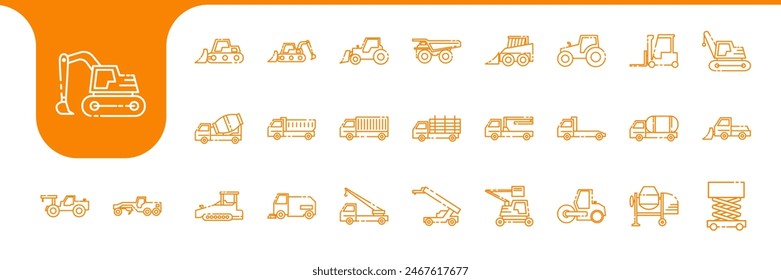 industrial vehicles line modern icon set collection vector design