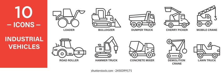 el conjunto de iconos de Vector relacionados con vehículos industriales incluye cargador, bulldozer, camión volquete, recolector de cerezas, camión martillo, mezclador de hormigón, grúa y más íconos