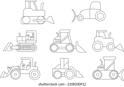 industrial vehicles set icon logo blade truck hammer lift tractor wrecking ball forklift mixer mover hook hand drawn