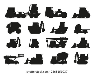 Industrial vehicles silhouettes. Heavy construction machinery flat style, transport construction equipment hydraulic bulldozer excavator loader. Vector isolated collection. Industrial car for building