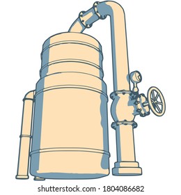 industrial vertical cylinder pressure vessel connect upper pipe support and valve on the right side isolated vector illustration