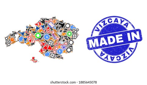 Industrial Vizcaya Province map mosaic and MADE IN scratched rubber stamp. Vizcaya Province map mosaic designed with spanners, gearwheels, tools,elements,transports,power bolts,rockets.