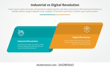 comparação de revolução industrial vs digital conceito infográfico oposto para apresentação de slides com caixa retangular redonda inclinada lado a lado com vetor de estilo plano