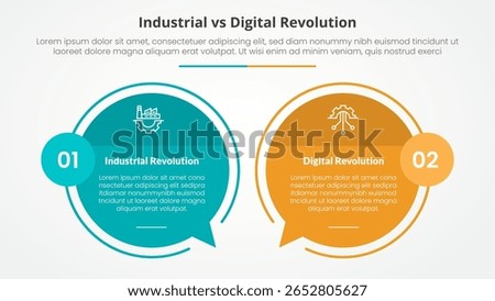 industrial vs digital revolution comparison opposite infographic concept for slide presentation with big circle outline callout comment box with flat style vector