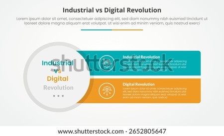 industrial vs digital revolution comparison opposite infographic concept for slide presentation with big circle and sharp rectangle with flat style vector